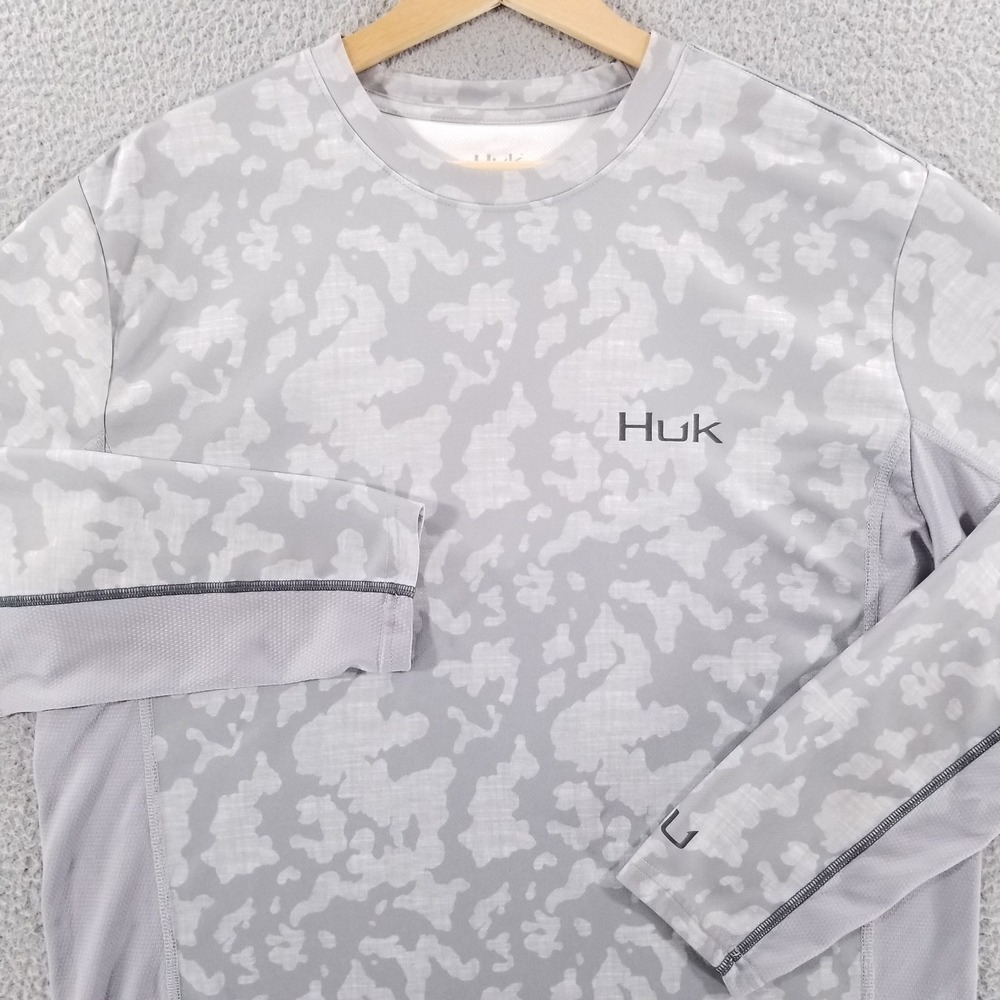 Huk Fishing Shirt Mens Large Gray Icon Running Lakes Camo Outdoor Jersey Wicking